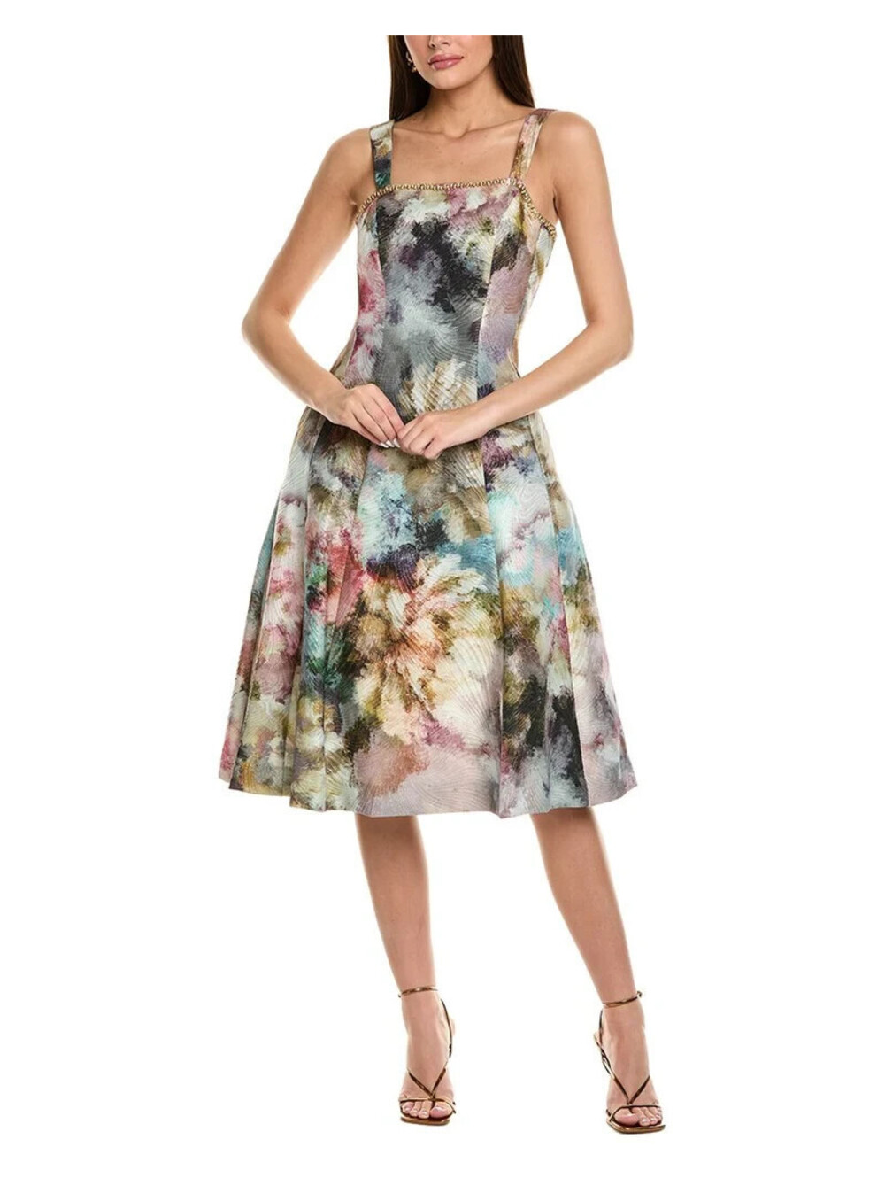 Tahari ASL Pink Gold Embellished A-Line Midi Dress Sz 10 NWT  Jaquard Metallic - Picture 2 of 3